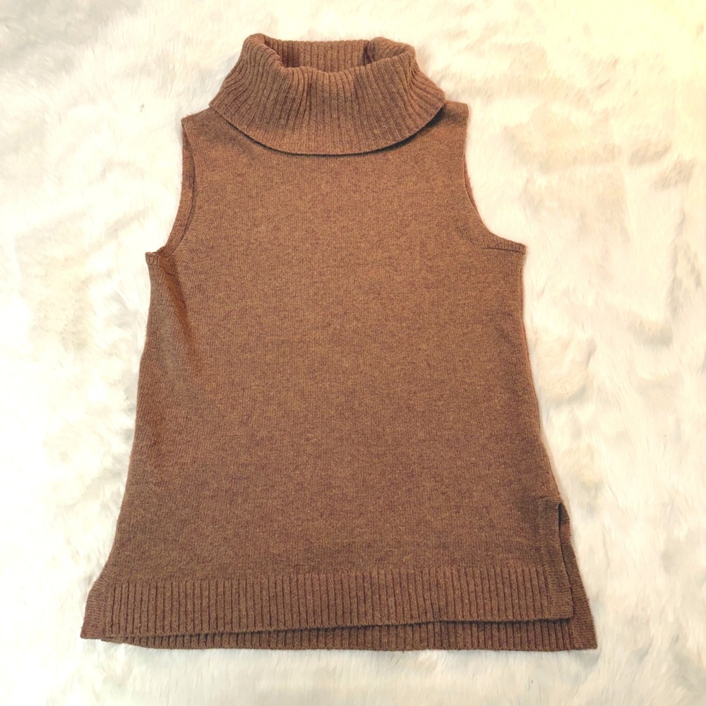 J.Crew Sleeveless Turtleneck Sweater Womens XS Brown Cotton Wool Knit Vest